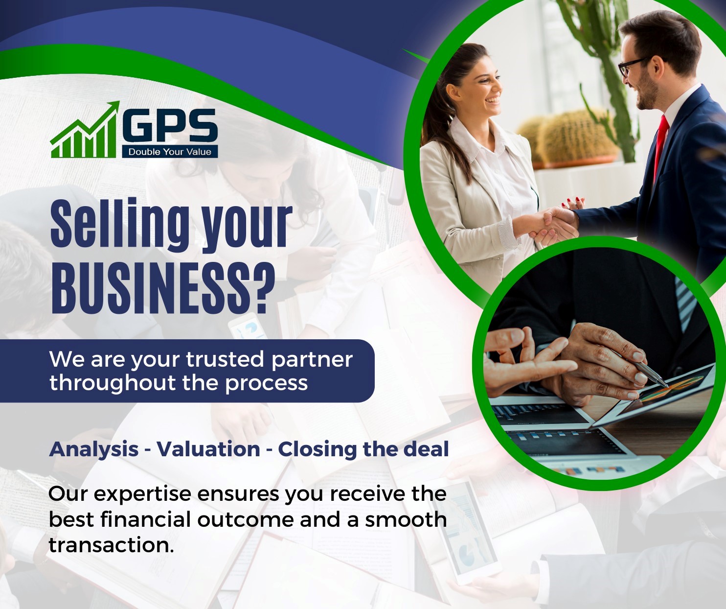 Two business professionals shaking hands, with text about Business Broker & Sales Services and images of financial analysis and consultation visible.